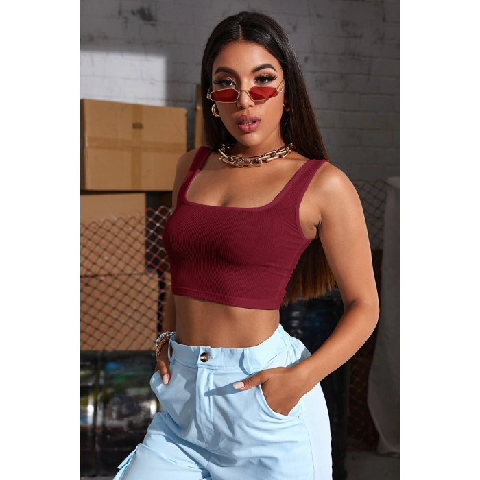 VipMarketim Kadın Bordo Kalın Askılı Crop Top Büstiyer