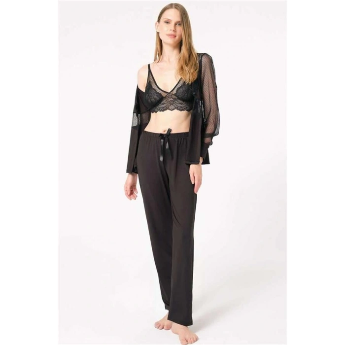 VipMarketim Kadın Dantelli Gömlek Balensiz Desteksiz Dolgusuz Bralet Sütyen Ve Pantolon Pijama 3Lü Takım ( ) (Kod:4798)