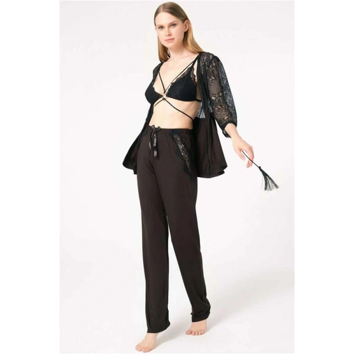 VipMarketim Kadın Dantelli Sabahlık Balensiz Desteksiz Dolgusuz Yaka Detaylı Sütyen Ve Pantolon Pijama 3Lü Takım ( ) (Kod:5698)