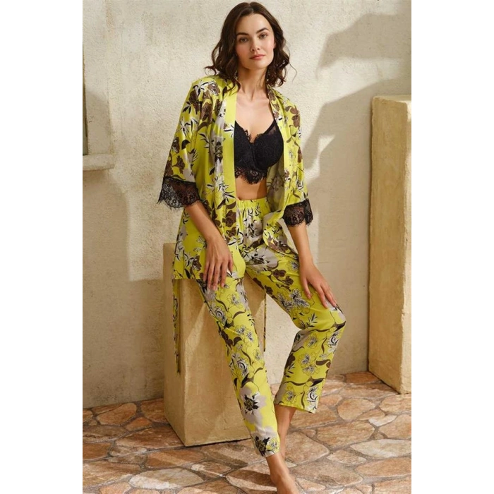 VipMarketim Kadın Dokuma Viskon Çiçek Baskılı Dantelli Sabahlık Balenli Desteksiz Dolgusuz Büstiyer Sütyen Ve Pantolon Pijama 3Lü Takım ( ) (Kod:5747)