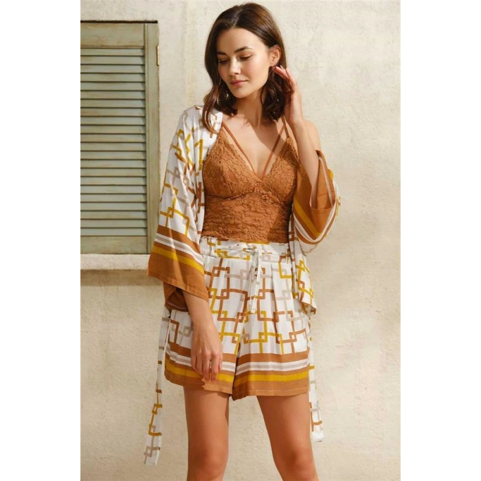 Vipmarketim Kadın Dokuma Viskon Geometrik Baskılı Sabahlık Balensiz Desteksiz Dolgusuz Yaka Detaylı Dantelli Bralet Sütyen Ve Yandan Cepli Şort Pijama 3lü Takım ( ) (kod:5750)