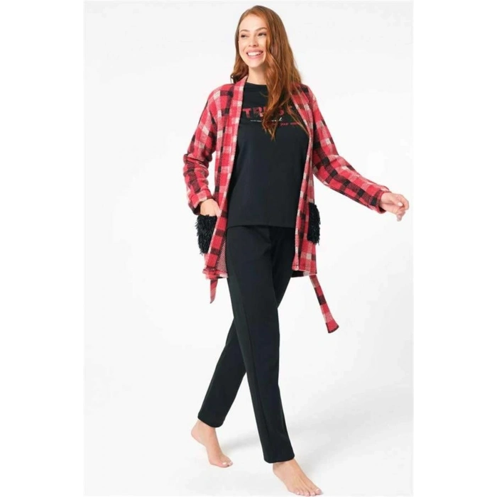 VipMarketim Kadın Ekose Yandan Cepli Sabahlık Göğüs Baskılı Uzun Kollu Sweatshirt Ve Pantolon 3Lü Takım ( ) (Kod:5633)