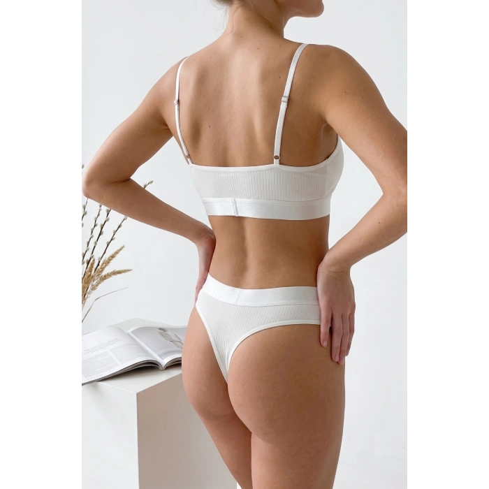 VipMarketim Kadın Ekru Çıkarılabilir Pedli Fitilli Dantelli Bralet Takımı