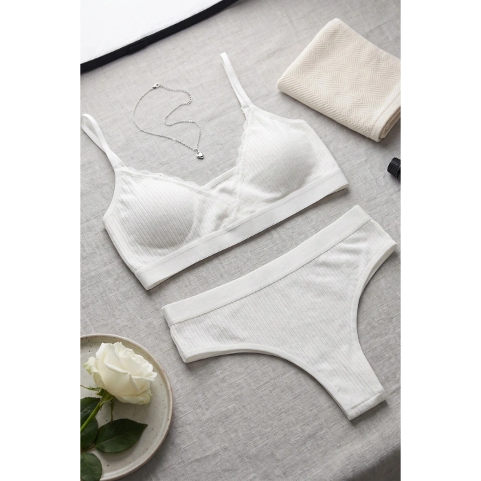 VipMarketim Kadın Ekru Çıkarılabilir Pedli Fitilli Dantelli Bralet Takımı