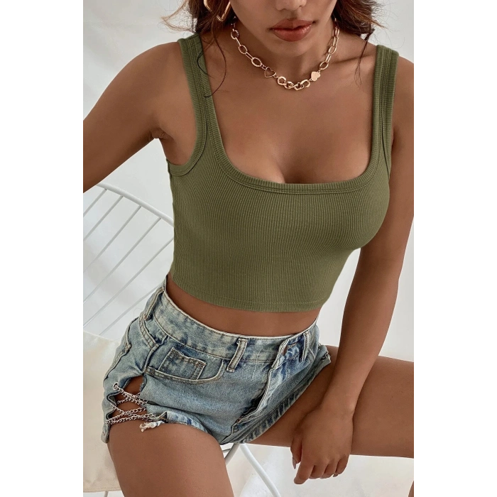 VipMarketim Kadın Haki Yeşili Kalın Askılı Crop Top Büstiyer