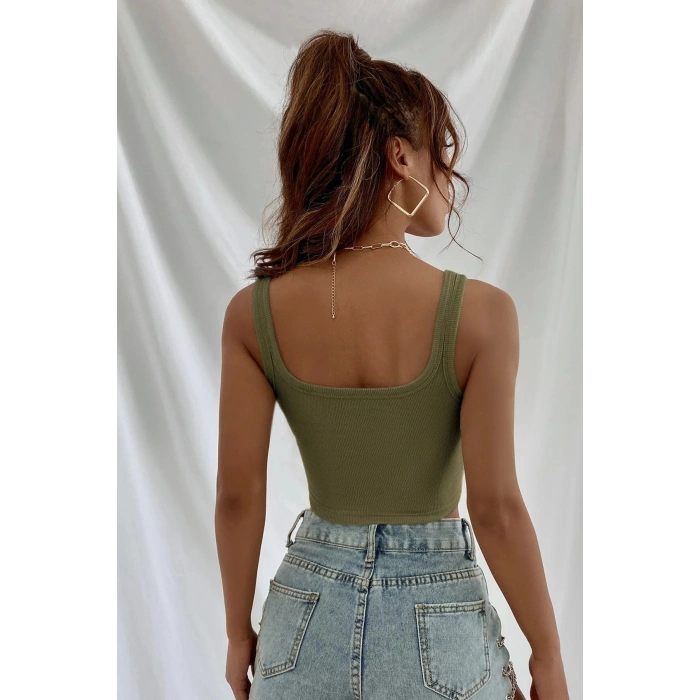 VipMarketim Kadın Haki Yeşili Kalın Askılı Crop Top Büstiyer