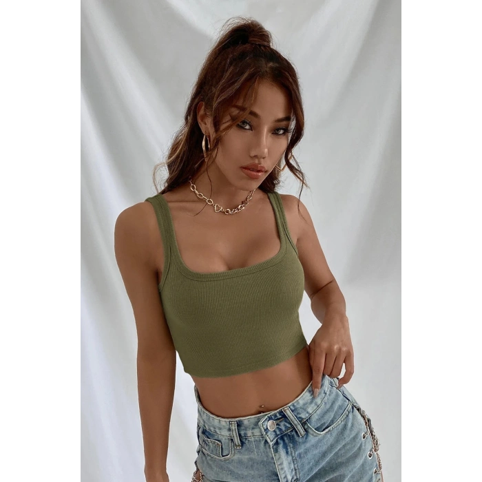 VipMarketim Kadın Haki Yeşili Kalın Askılı Crop Top Büstiyer