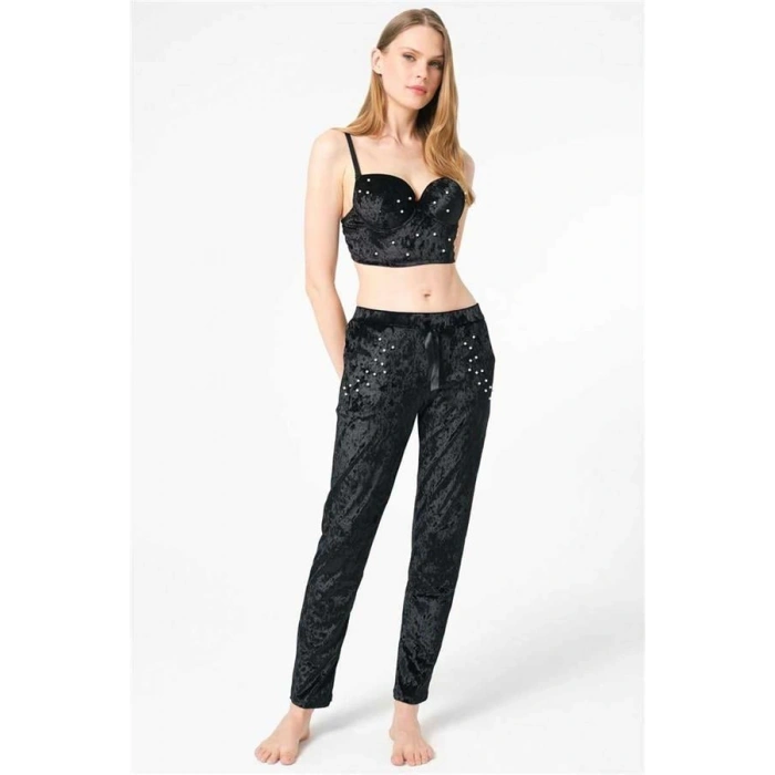 Vipmarketim Kadın Kadife Balenli Destekli Dolgulu İnci Taşlı Büstiyer Ve Pantolon Pijama Takım ( ) (kod:4154)