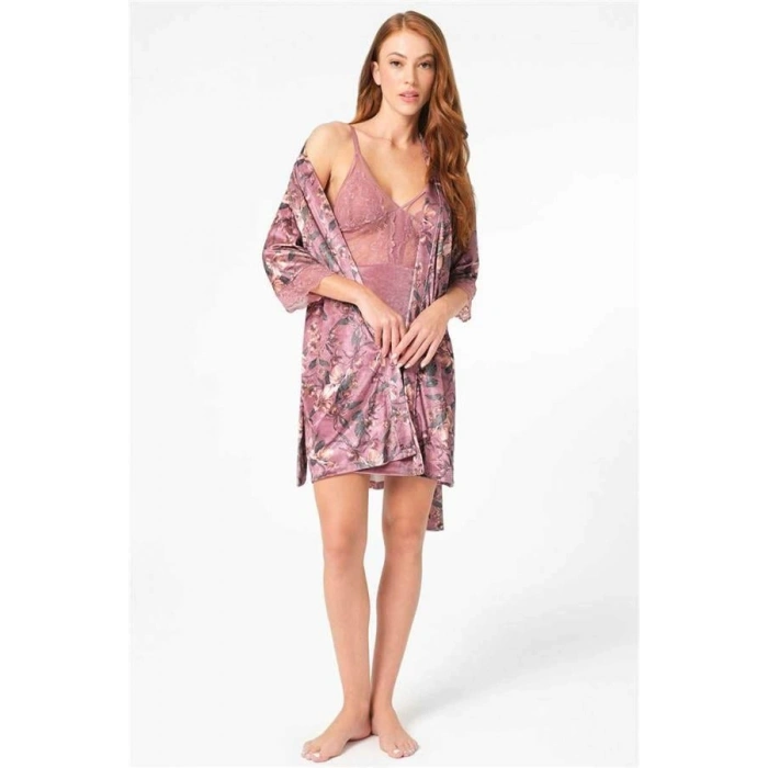 Vipmarketim Kadın Kadife Çiçek Baskılı Sabahlık Ve Dantelli Kısa Gecelik Takım ( ) (kod:5679)