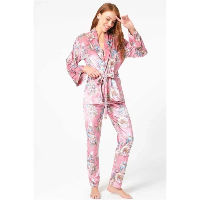 Vipmarketim Kadın Kadife Çiçek Baskılı Uzun Kol Sabahlık Ve Pantolon Pijama Takım ( ) (kod:9732)