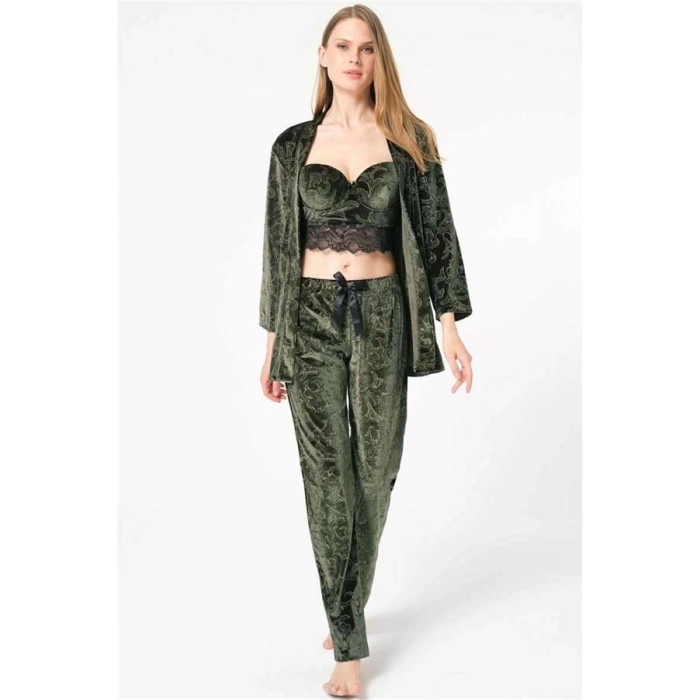 Vipmarketim Kadın Kadife Çiçek Desenli Sabahlık Balenli Destekli Dolgulu Dantelli Büstiyer Sütyen Ve Pantolon Pijama 3lü Takım ( ) (kod:5632)