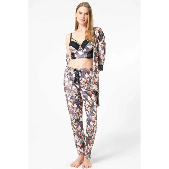 VipMarketim Kadın Kadife Çiçek Desenli Sabahlık Balenli Destekli Dolgulu Yaka Detaylı Dantelli Büstiyer Sütyen Ve Pantolon Pijama 3Lü Takım ( ) (Kod:5684)
