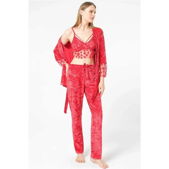 VipMarketim Kadın Kadife Dantelli Sabahlık Balensiz Desteksiz Dolgusuz Yaka Detaylı Bralet Sütyen Ve Pantolon Pijama 3Lü Takım ( ) (Kod:5634)