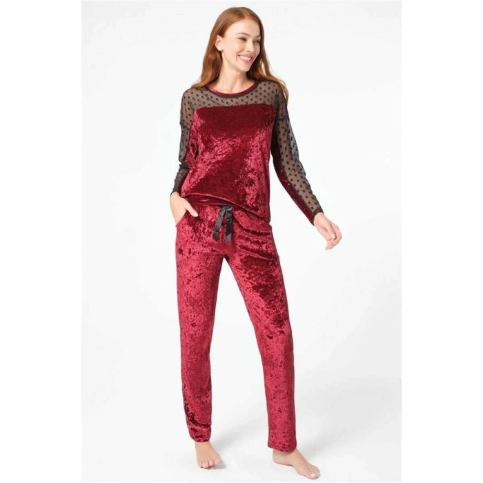 Vipmarketim Kadın Kadife Puantiyeli Tüllü Sırt Detaylı Uzun Kollu Sweatshirt Ve Yandan Cepli Pantolon Pijama Takım ( ) (kod:9798)