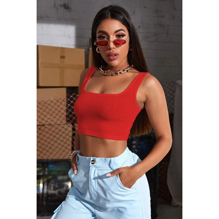 VipMarketim Kadın Kırmızı Kalın Askılı Crop Top Büstiyer