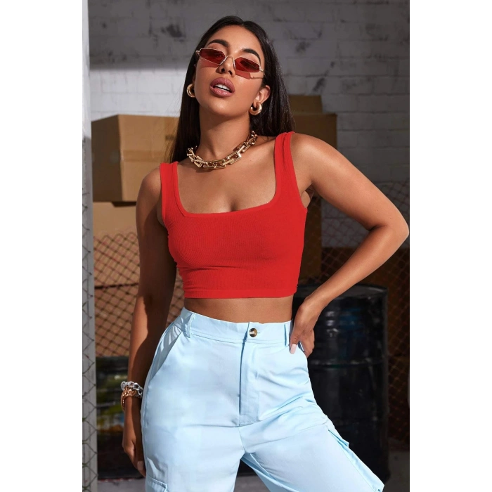 VipMarketim Kadın Kırmızı Kalın Askılı Crop Top Büstiyer