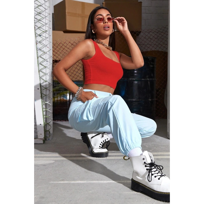 VipMarketim Kadın Kırmızı Kalın Askılı Crop Top Büstiyer