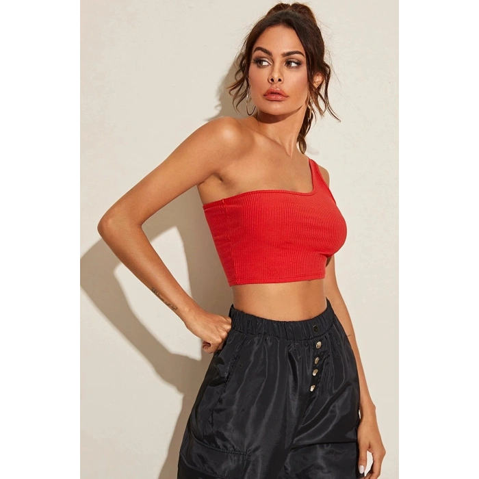 VipMarketim Kadın Kırmızı Tek Omuz Crop Büstiyer