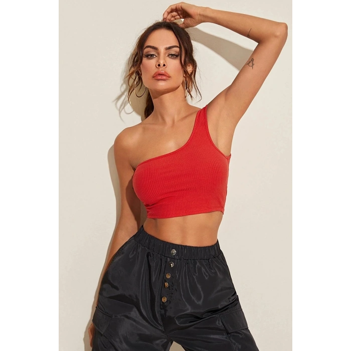 VipMarketim Kadın Kırmızı Tek Omuz Crop Büstiyer