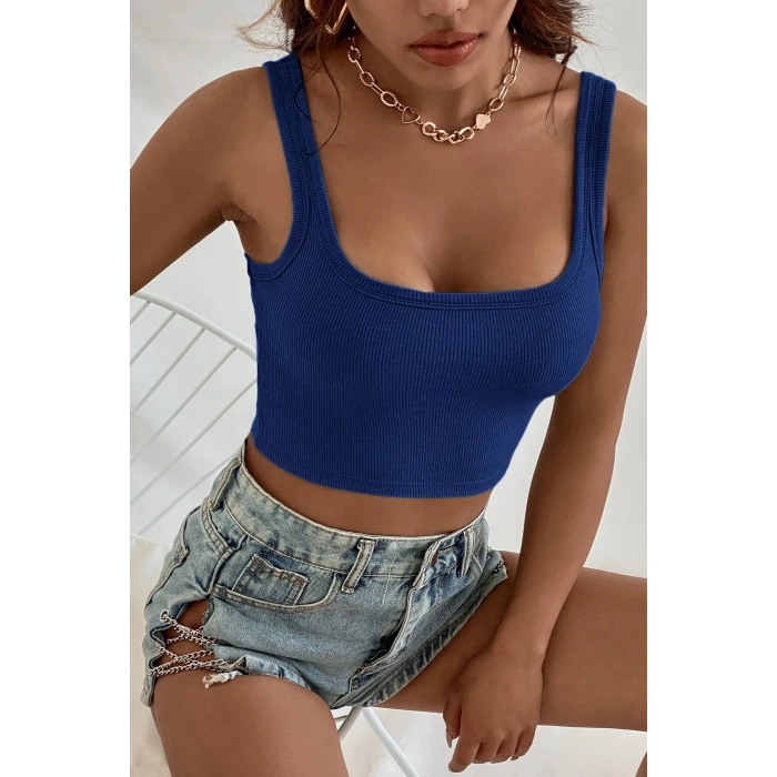 VipMarketim Kadın Lacivert Kalın Askılı Crop Top Büstiyer
