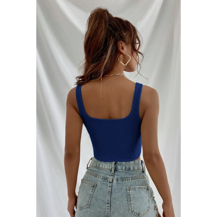 VipMarketim Kadın Lacivert Kalın Askılı Crop Top Büstiyer