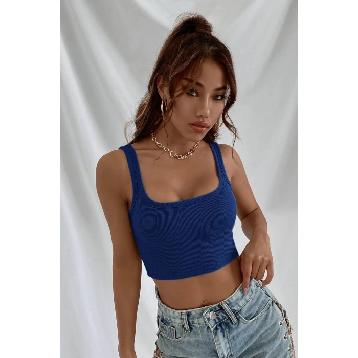 VipMarketim Kadın Lacivert Kalın Askılı Crop Top Büstiyer