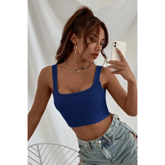 VipMarketim Kadın Lacivert Kalın Askılı Crop Top Büstiyer