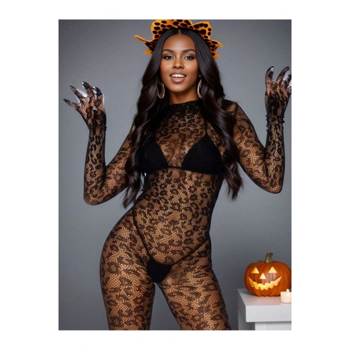 VipMarketim Kadın Özel Bölgesi Açık Siyah Leopar Fantazi Vücut Çorabı