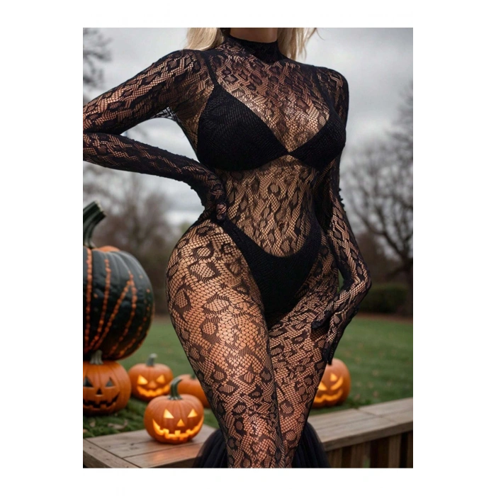 VipMarketim Kadın Özel Bölgesi Açık Siyah Leopar Fantazi Vücut Çorabı