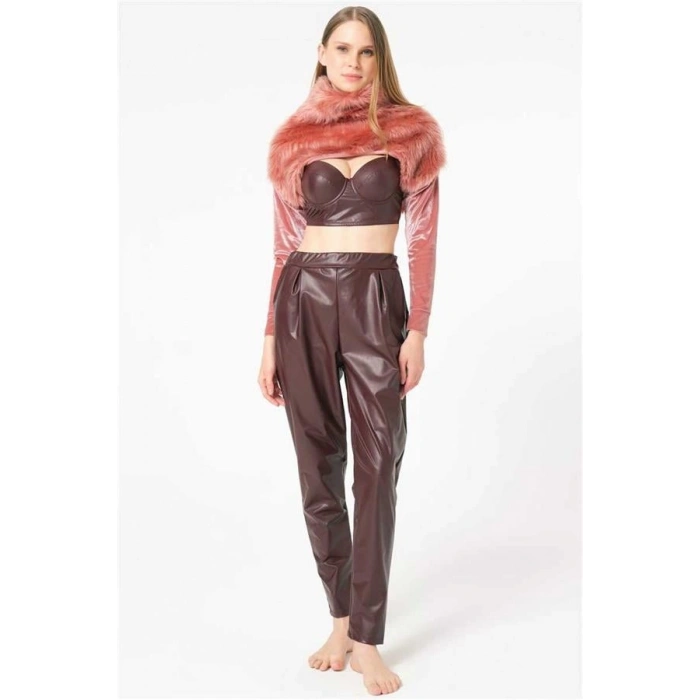 Vipmarketim Kadın Polar Kumaş Bolero Deri Görünümlü Balenli Destekli Dolgulu Askıları Çıkabilen Büstiyer Sütyen Ve Yandan Cepli Pantolon Pijama 3lü Takım ( ) (kod:9761)