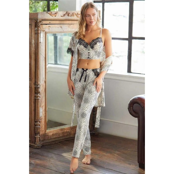 Vipmarketim Kadın Puantiyeli Dantelli Sabahlık Balenli Destekli Dolgulu Askıları Çıkabilen Büstiyer Sütyen Ve Pantolon Pijama 3lü Takım ( ) (kod:4786)