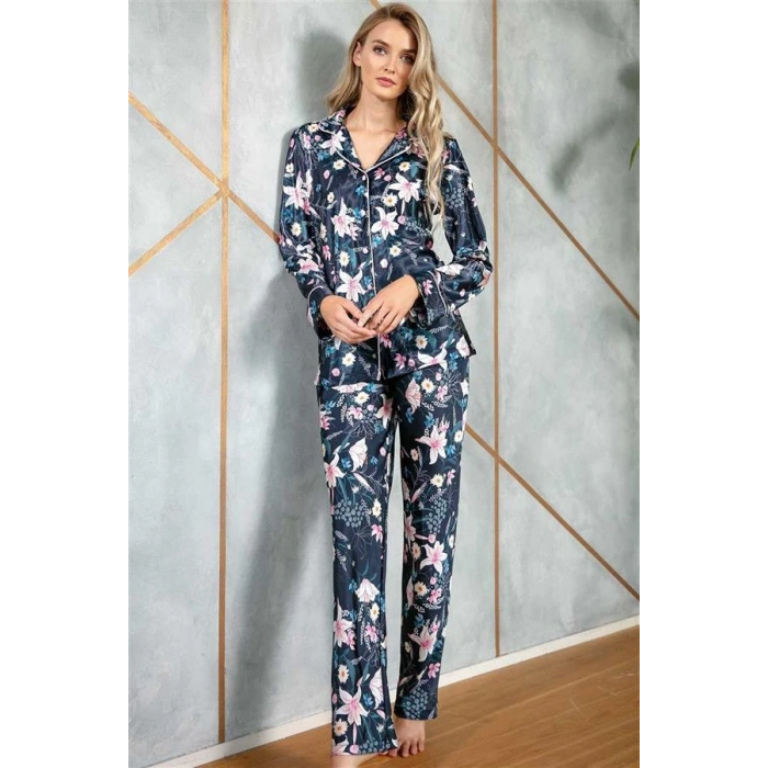 VipMarketim Kadın Saten Çiçek Baskılı Düğmeli Uzun Kol Gömlek Ve Pantolon Pijama Takım ( ) (Kod:9723)