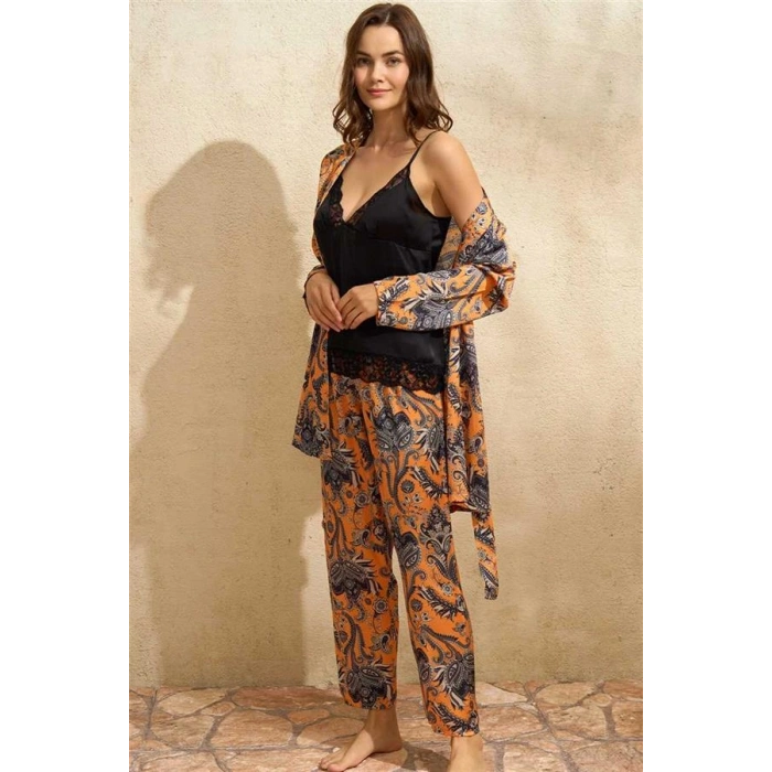 Vipmarketim Kadın Saten Çiçek Baskılı Sabahlık Dantelli Atlet Ve Pantolon Pijama 3lü Takım ( ) (kod:5621)