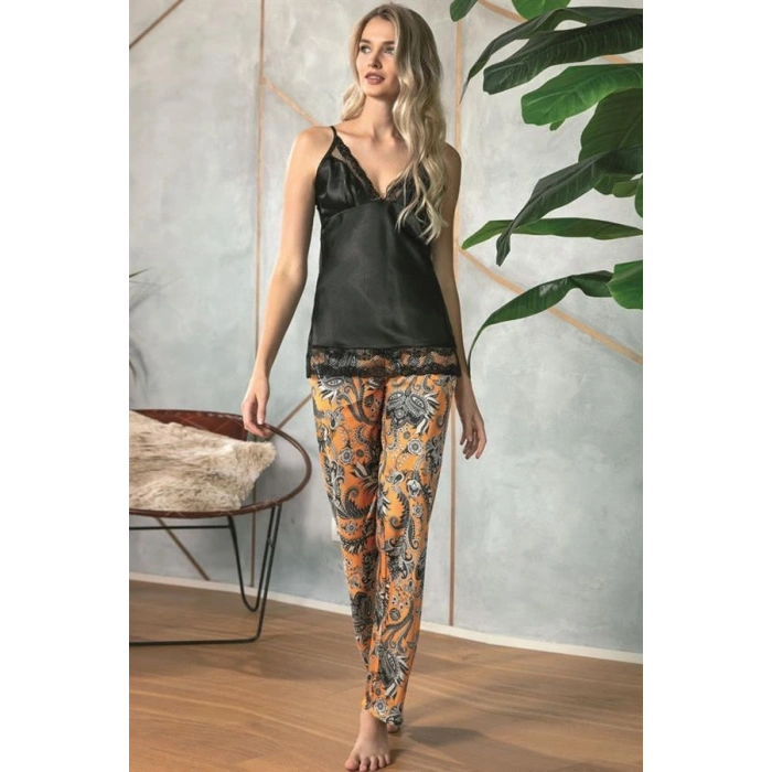 VipMarketim Kadın Saten Çiçek Baskılı Sabahlık Dantelli Atlet Ve Pantolon Pijama 3lü Takım (5621)
