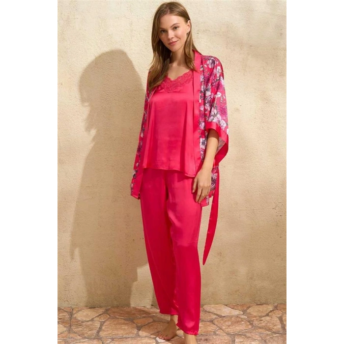 VipMarketim Kadın Saten Çiçek Baskılı Sabahlık Dantelli Atlet Ve Pantolon Pijama 3Lü Takım ( ) (Kod:5645)