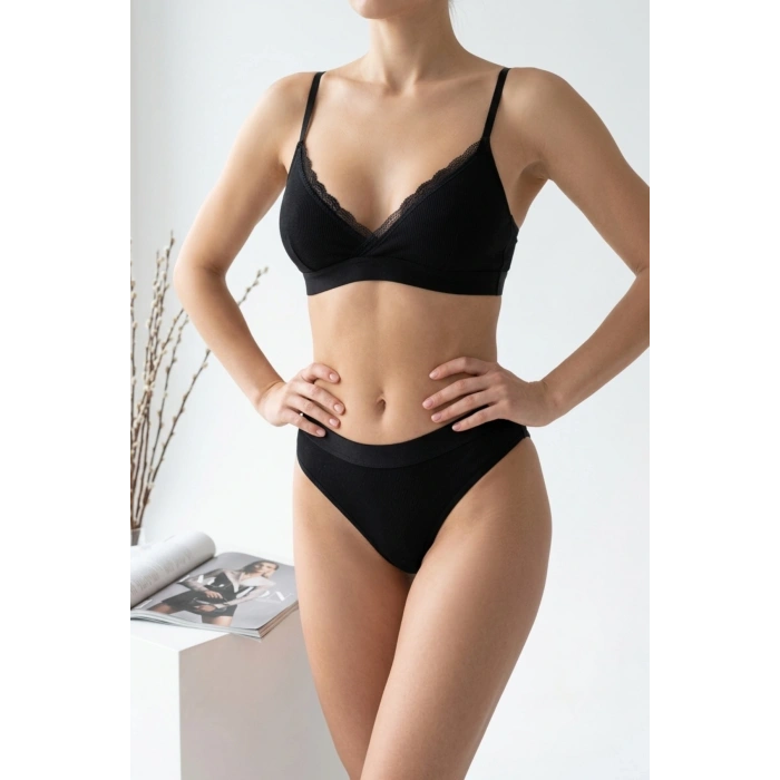VipMarketim Kadın Siyah Fitilli Dantelli Bralet Takımı