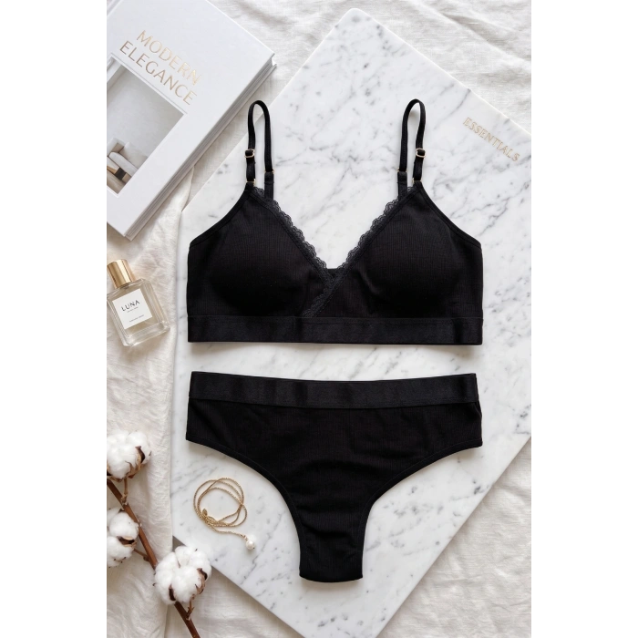VipMarketim Kadın Siyah Fitilli Dantelli Bralet Takımı