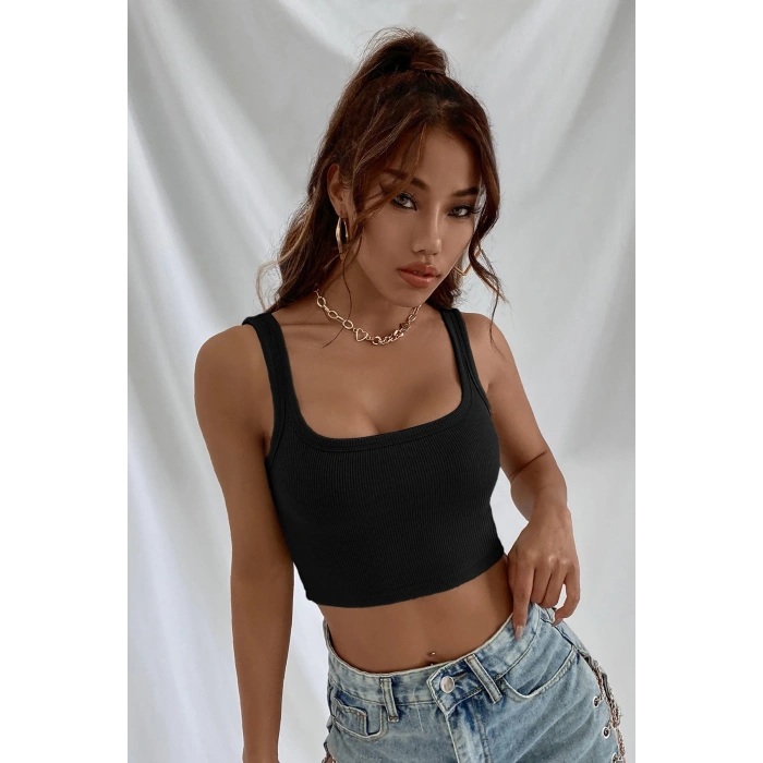 VipMarketim Kadın Siyah Kalın Askılı Crop Top Büstiyer