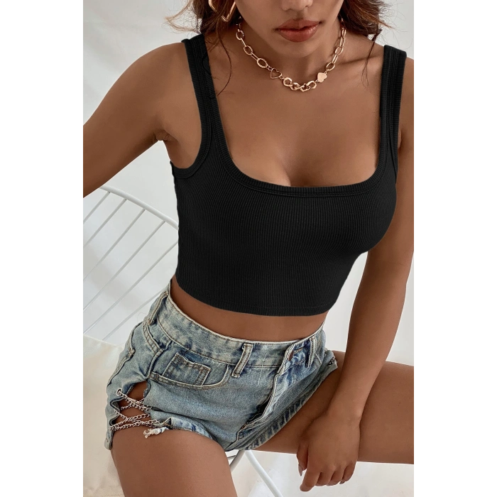 VipMarketim Kadın Siyah Kalın Askılı Crop Top Büstiyer