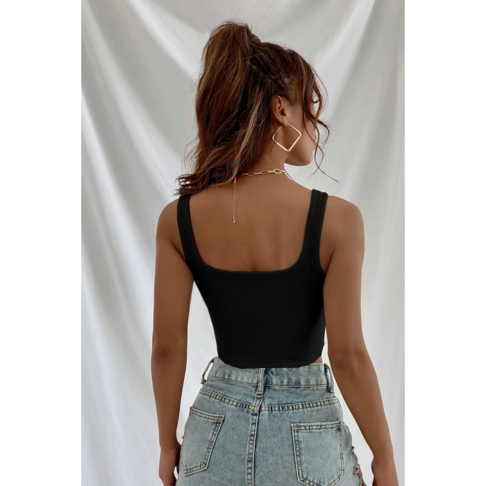VipMarketim Kadın Siyah Kalın Askılı Crop Top Büstiyer