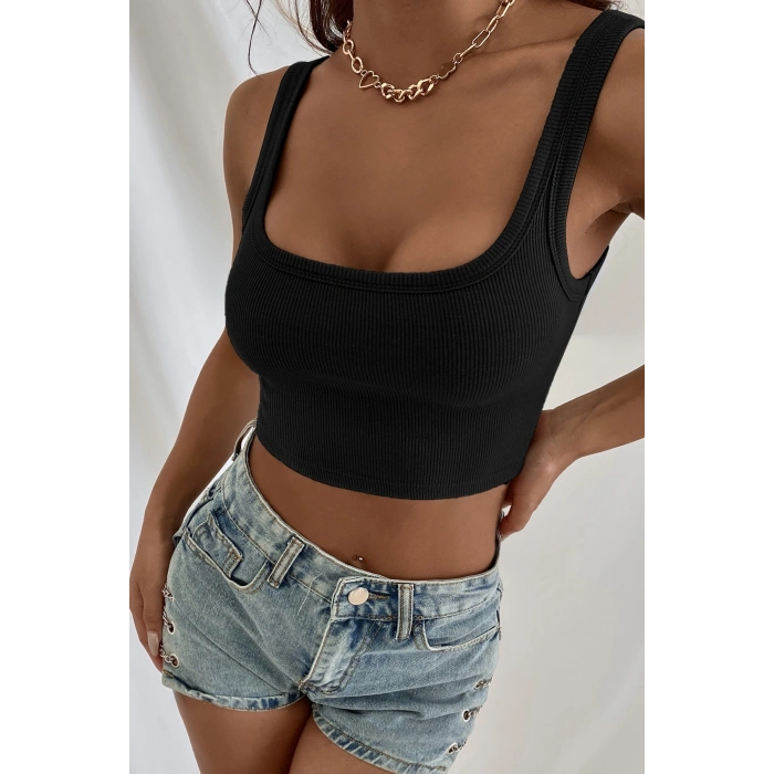 VipMarketim Kadın Siyah Kalın Askılı Crop Top Büstiyer