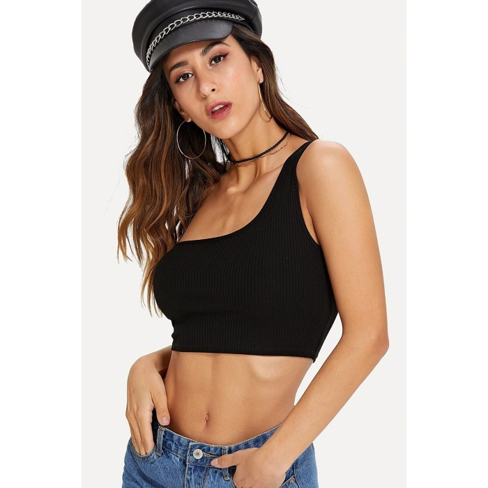 VipMarketim Kadın Siyah Tek Omuz Crop Büstiyer