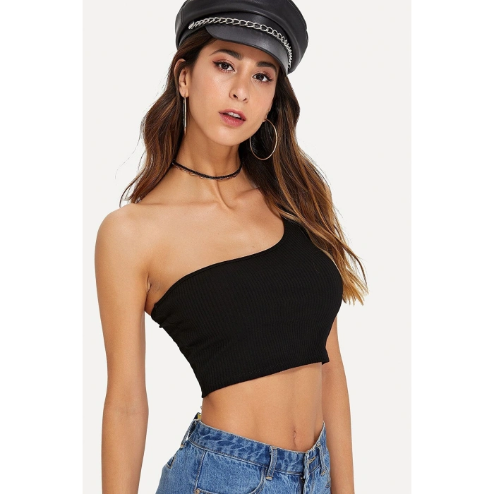 VipMarketim Kadın Siyah Tek Omuz Crop Büstiyer