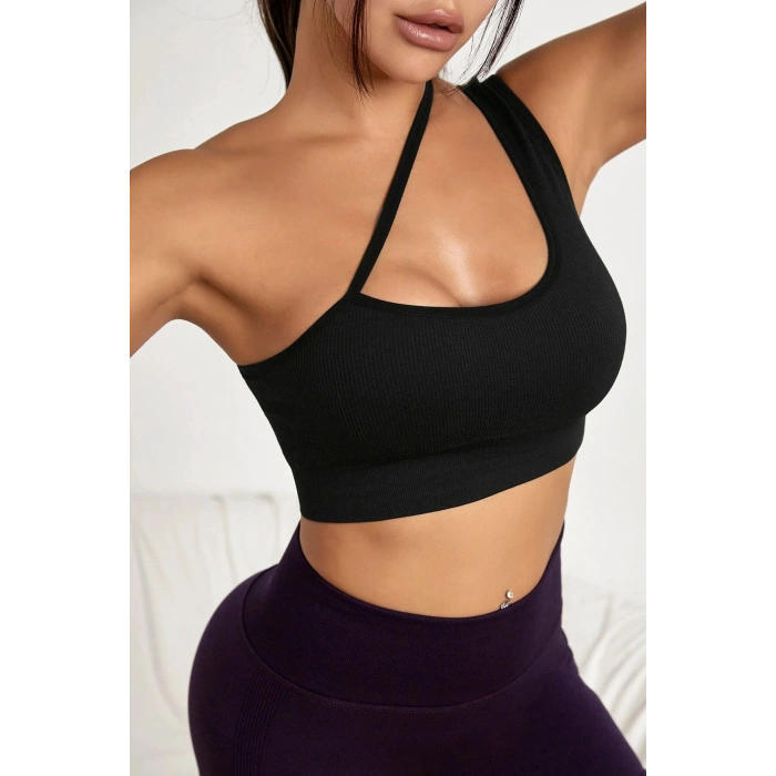 VipMarketim Kadın Siyah Tek Omuzlu Çapraz Askılı Crop Top Büstiyer