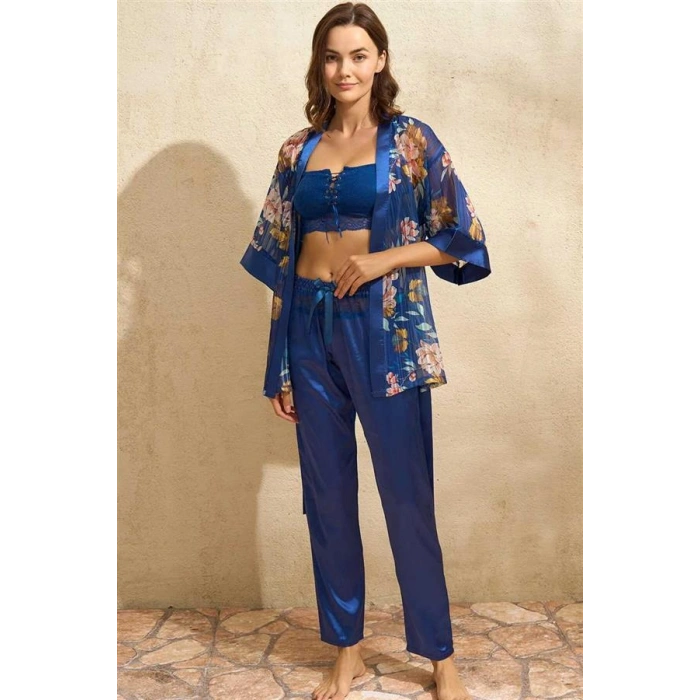 VipMarketim Kadın Tül Çiçek Baskılı Sabahlık Balensiz Desteksiz Dolgusuz Dantelli Büstiyer Sütyen Ve Saten Pantolon Pijama 3Lü Takım ( ) (Kod:5703)