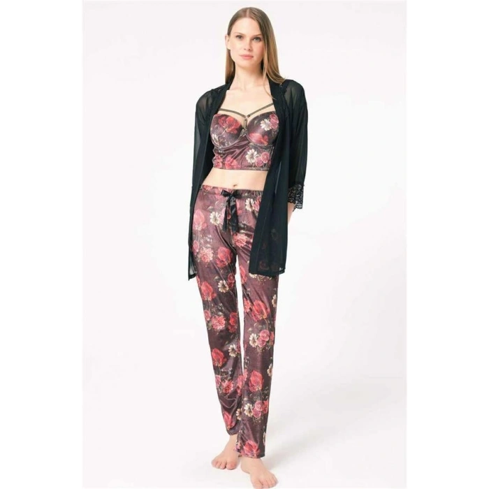 VipMarketim Kadın Tül Dantelli Sabahlık Balenli Destekli Dolgulu Yaka Detaylı Çiçek Baskılı Kadife Büstiyer Sütyen Ve Pantolon Pijama 3Lü Takım ( ) (Kod:5683)