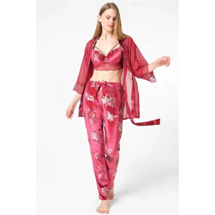 Vipmarketim Kadın Tül Dantelli Sabahlık Balenli Destekli Dolgulu Yaka Detaylı Çiçek Baskılı Kadife Büstiyer Sütyen Ve Pantolon Pijama 3lü Takım ( ) (kod:5696)