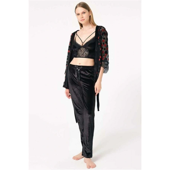 Vipmarketim Kadın Tül Puantiyeli Sabahlık Balensiz Desteksiz Dolgusuz Yaka Detaylı Kadife Dantelli Bralet Sütyen Ve Pantolon Pijama 3lü Takım ( ) (kod:5687)