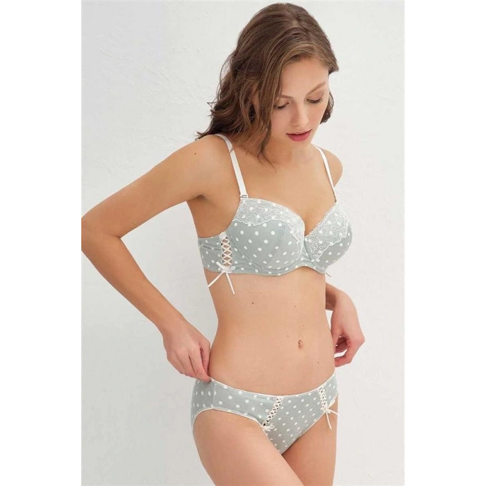VipMarketim Kadın Viskon Balenli Destekli Dolgulu Puantiyeli Dantelli Sütyen Ve Slip Takım ( ) (Kod:4189)