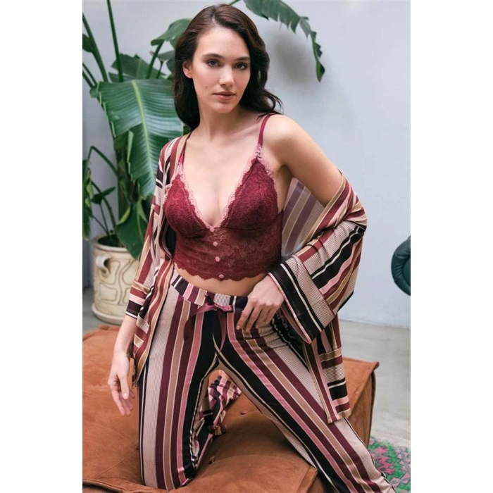 VipMarketim Kadın Viskon Çizgili Sabahlık Balensiz Desteksiz Dolgusuz Dantelli Bralet Sütyen Ve Pantolon Pijama 3Lü Takım ( ) (Kod:5660)